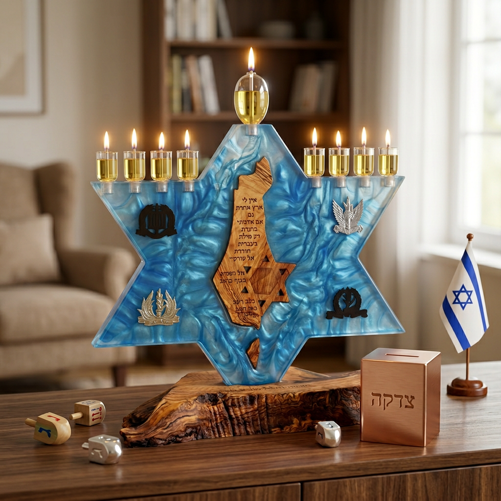 Hanoukia artisanale en bois et epoxy bleu – Étoile de David avec Terre d’Israël sculptée