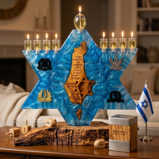 Hanoukia artisanale en bois et epoxy bleu – Étoile de David avec Terre d’Israël sculptée