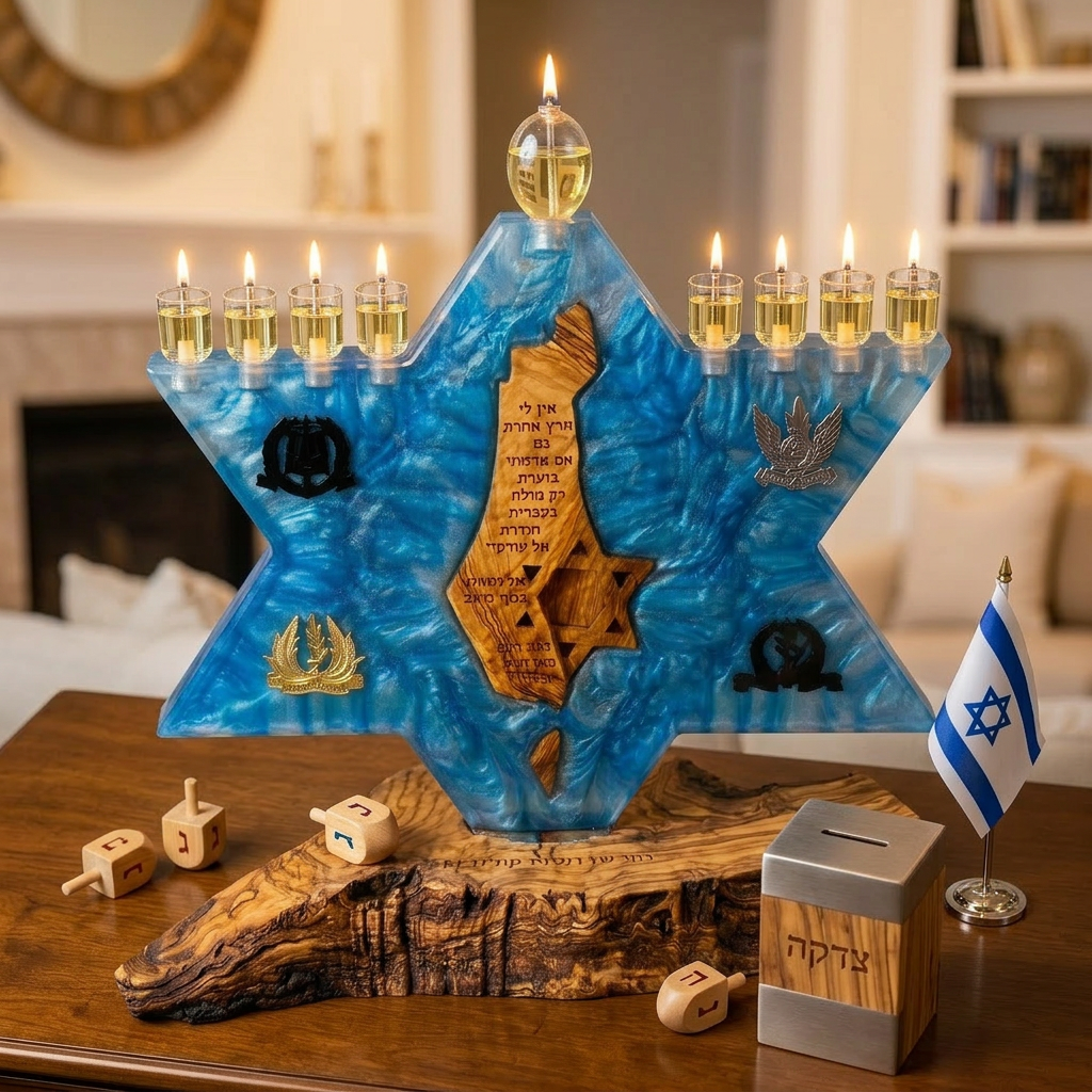 Hanoukia artisanale en bois et epoxy bleu – Étoile de David avec Terre d’Israël sculptée