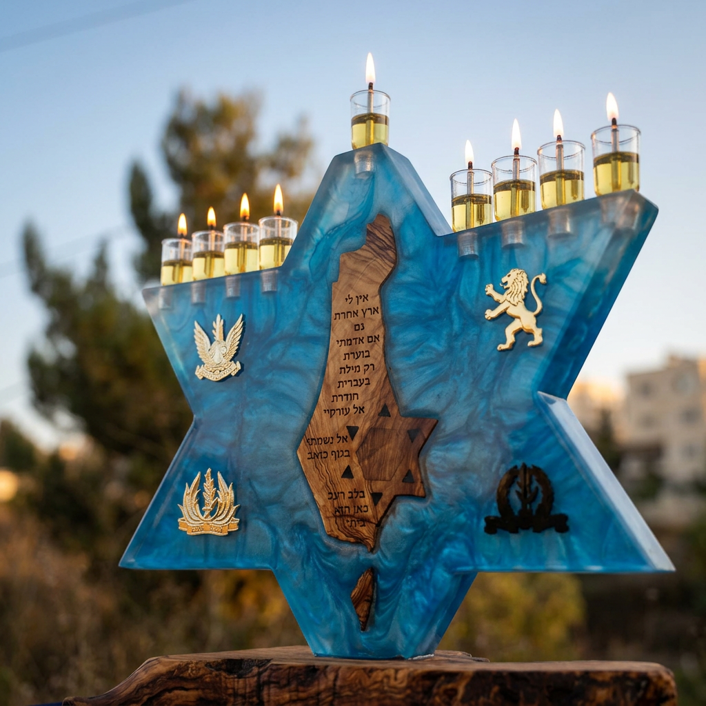 Hanoukia artisanale en bois et epoxy bleu – Étoile de David avec Terre d’Israël sculptée