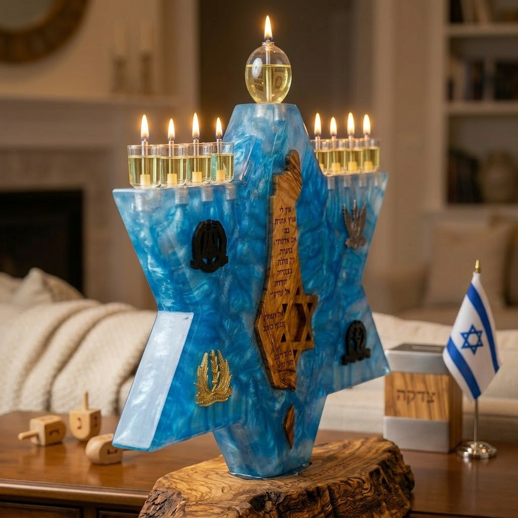 Hanoukia artisanale en bois et epoxy bleu – Étoile de David avec Terre d’Israël sculptée