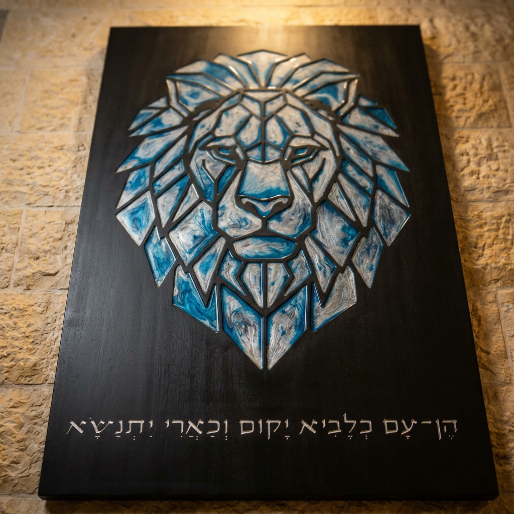 Tableau Lion en Bois Gravé & Époxy – Édition 78 ans d’Israël